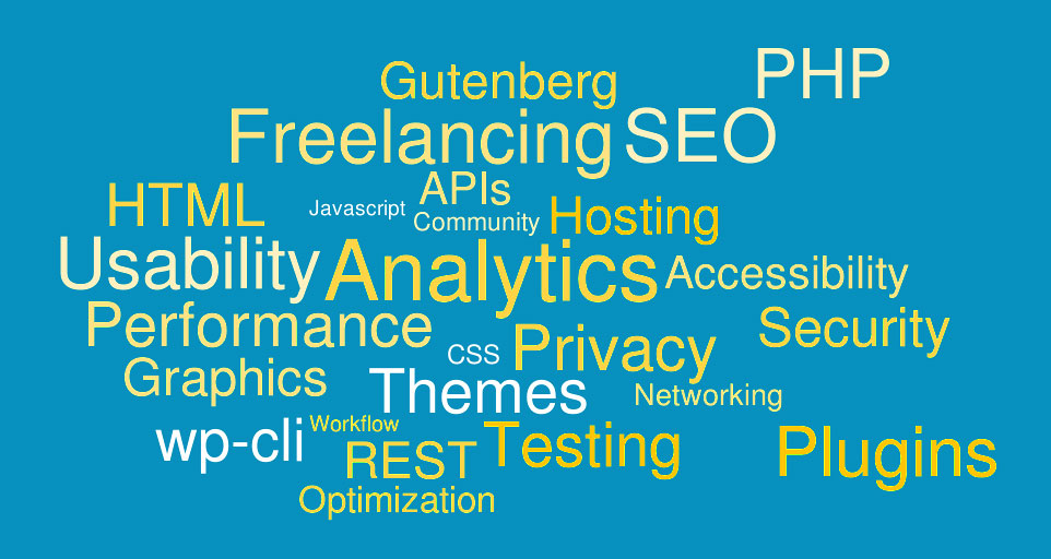 word cloud of WordPress-related terms