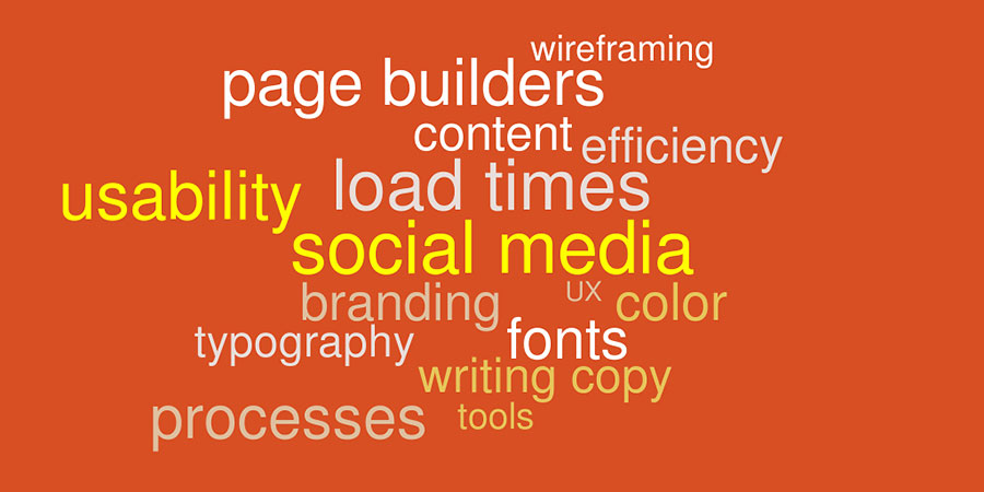 wordcloud of designer terms from the talk titles and descriptions