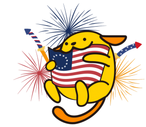 Patriot-puu, a Wapuu with an American flag and fireworks in the background.