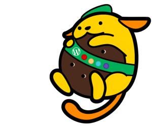 Girlscout-puu, a Wapuu with a green sash and beret and holding a large mint cookie.